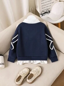 Tween Girl Colorblock Bow Decor 2 In 1 Sweatshirt - Royal Blue - View 2