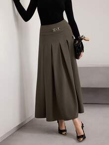 Heiryn Chân váy xếp ly trang trí kim loại màu trơn thanh lịch dành cho nữ - màu nâu - Xem 6