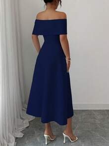 Elenzga Đầm midi xòe tay ngắn hở vai đính đá thời trang dành cho nữ - Màu xanh hải quân - Xem 2