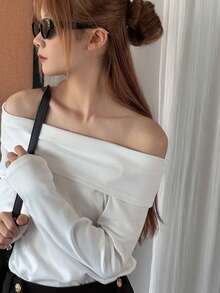 DAZY Teen Girls' Casual Everyday Commute Versatile Solid Color Foldover Off Shoulder Loose T-Shirt, Spring/Autumn