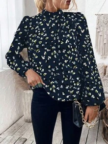 EMERY ROSE 女士休闲日常灯笼袖印花衬衫，秋季 - 寶藍色 - 查看 4