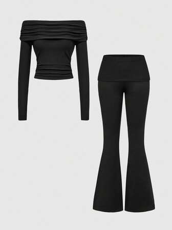طقم بوديسوت كتف مكشوف وبنطال يوجا ذو خصر مرتفع وأرجل واسعة