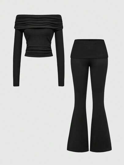 1 set body épaules dénudées et pantalon de yoga évasé taille haute