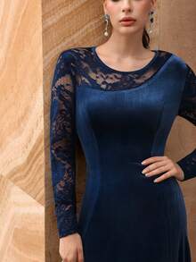 Modelyn French Elegant Elegant Round Neck Design Velvet Contrast Lace Dress - Blue - View 5