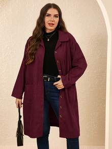 EMERY ROSE Abrigo midi de pana con doble bolsillo y botones, estilo campestre, para otoño e invierno, tallas grandes - Burdeos - Ver 3