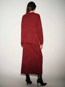 SHEIN Luminelle 2 件女士优雅手工水钻针织毛衣和裙子套装，宽松星空套头衫和中长裙