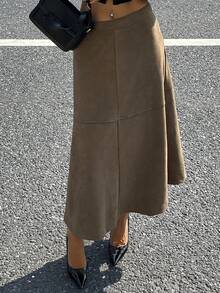 DAZY Falda casual de línea A para mujer con parches de ante, suelta y con estilo, de unicolor, adecuada para otoño e invierno - Verde militar - Ver 3