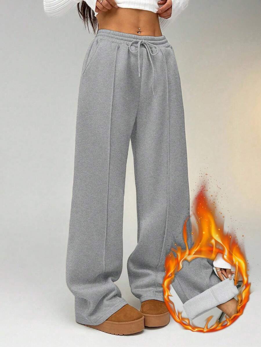 SHEIN EZwear 卵石缝线细节直筒运动裤 - 灰色 - 查看 1