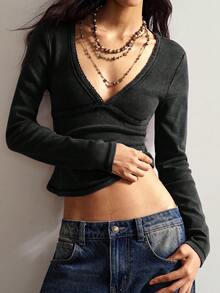 Bohemela Women's Casual Solid Color V-Neck Lace Patchwork Long Sleeve T-Shirt