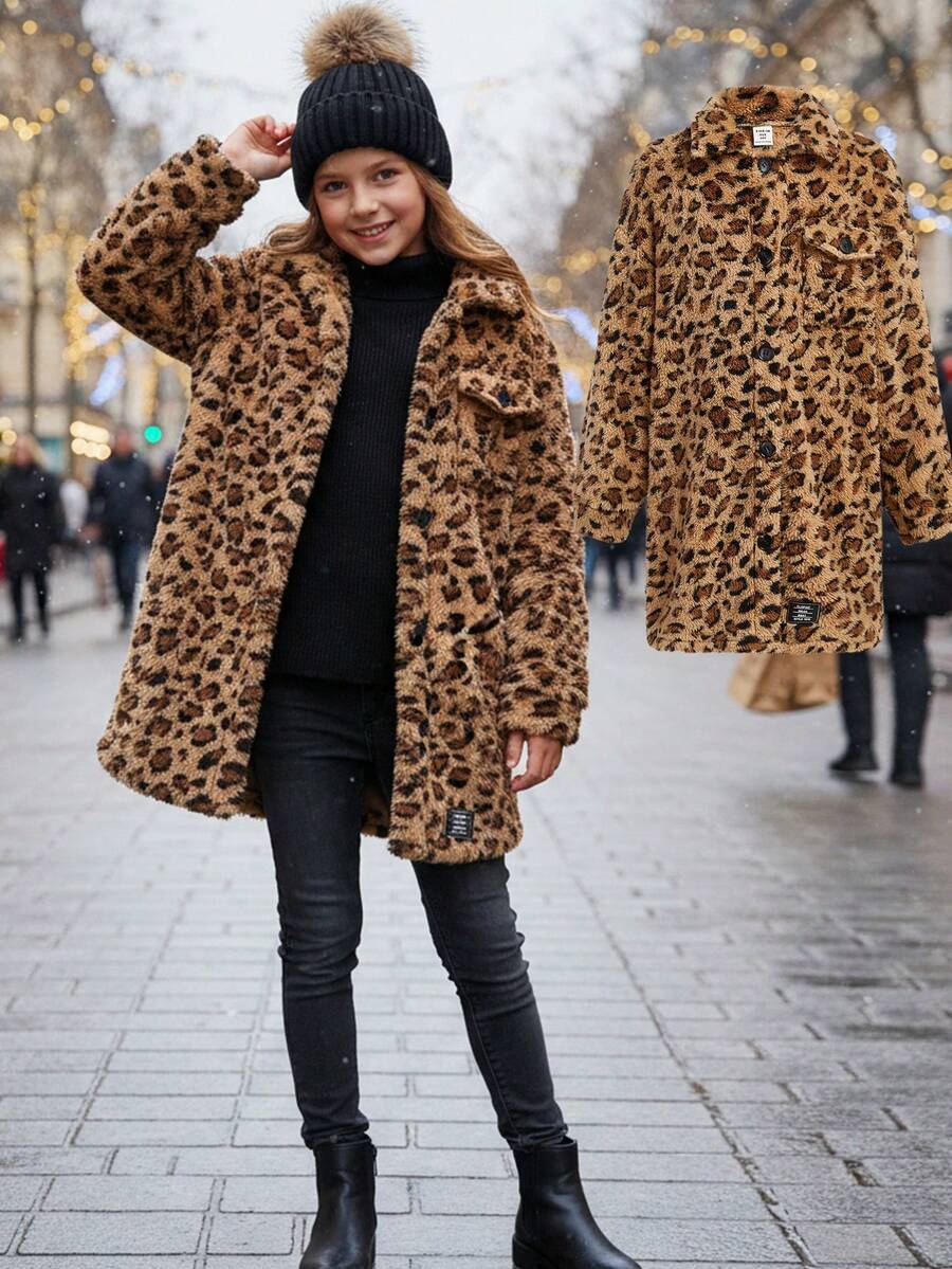 SHEIN Tween Girl 休闲居家街头宽松双面羊毛泰迪豹纹翻领纽扣前字母贴布中长款开衫夹克，秋冬 - 棕色 - 查看 1