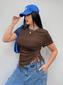 Coolane Women's Basic Plus Size Casual Asymmetric Pleated Short Brown Tee - Brown - View 5