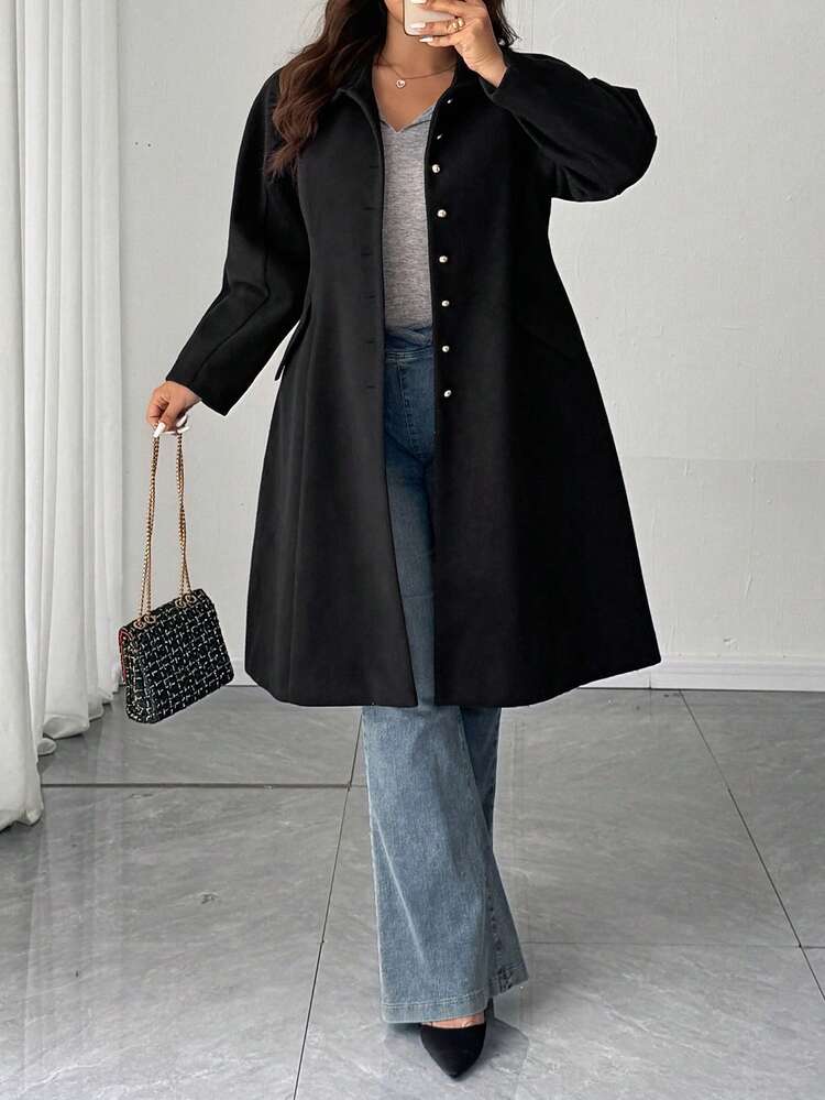 Dazy Plus Plus Size Women Solid Color Peter Pan Collar Single-Breasted Casual Long Coat, Thick Woolen Autumn/Winter Jacket