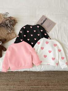 SHEIN Conjunto de 3 piezas de suéteres casuales de punto suave con cuello redondo, ajuste holgado y diseño de gatos y corazones "La pequeña niña de papá" para bebés niñas - Multicolor - Ver 2