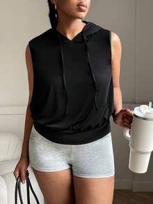 Rhythm Era Colete Moletom Feminino Oversized com Capuz, Roupa Esportiva Casual para Corrida e Uso Diário, Plus Size - Preto - Visão 1