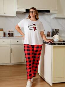 SHEIN Christmas Snowman & Letter Print Plus Size Pullover Pajama Set With Plaid Pajama Pants - Multicolor - View 4