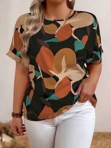 EMERY ROSE Plus Geo Print Batwing Sleeve Blouse For Summer Vacation