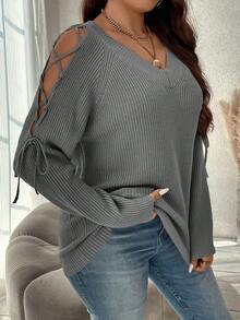 SHEIN Clasi Suéter de manga raglán con cordón para mujer de talla grande para otoño/invierno - Gris - Ver 1