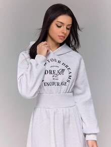 少女休闲百搭日常学院风字母印花连帽束腰长袖运动衫连衣裙 - 灰色 - 查看 3