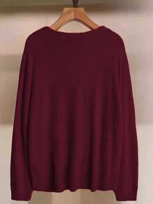 SHEIN LUNE Áo len chui đầu dáng rộng cổ chữ V tay dài thường ngày cỡ lớn dành cho nữ, mùa thu/đông - Màu Đỏ Sâu - Xem 2
