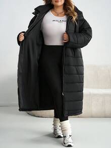 SHEIN CURVE+ Abrigo largo con capucha grueso de invierno para tallas grandes Shine Curve - Negro - Ver 8