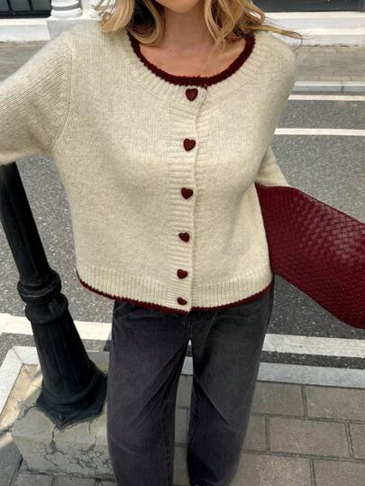 Pariaura Women's Contrast Color Long Sleeve Knitted Cardigan With Heart Design