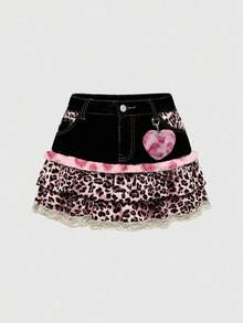 ROMWE Kawaii Leopard Print Patchwork Cute Denim Mini Skirt - Pink - View 3