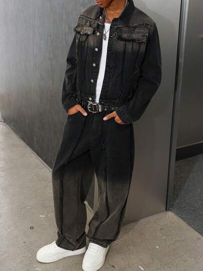 Manfinity EMRG Vintage tvättad ombre svart denim topp och jeanskostym, snygg amerikansk estetisk herrkonsertoutfit herr tvåfärgade jeans, höstkläder