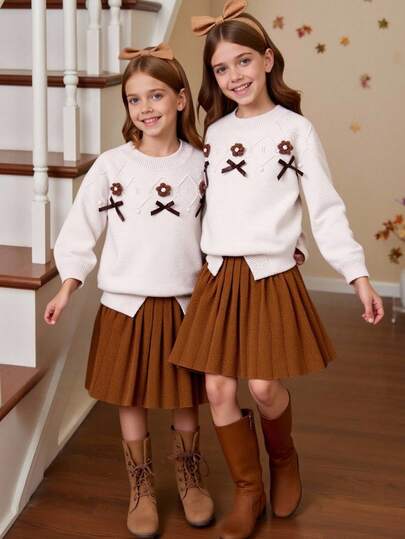 New Fashionable Versatile Cute Floral Bow Girls Sweater Set Girls Fall Winter Outfit Two Piece Skirt Set For Girls Girls Knit Sweater Set Girls Sweater Skirt Set Kids Brown Pleated Skirt Skirt Two Piece Set For Kids Kids Brown Skirts Cute Light Brown Sweater For Girls Girl Clothes Autumn And Winter Clothes