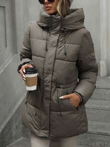Aveloria Modichic 时尚休闲可调节腰部绗缝中长款连帽加厚棉服外套女士冬季服装