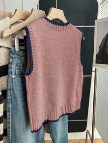 Franclia 女式休闲宽松圆领无袖针织撞色饰边卡其色毛衣上衣，春秋季 - 西瓜粉 - 查看 2