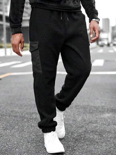 Manfinity CasualCool 男士成熟休闲裤，羊羔绒拼接侧袋，通勤百搭，可作为男友/老公/周年纪念礼物，休闲男士慢跑裤，黑色街头风，冬季款