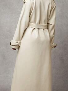 SHEIN BAE Women Burgundy Color Long Sleeve Simple Front Button Longline Overcoat, Casual Everyday Wear Vintage Burgundy Long Woolen Coat, Warm And Thickened In Winter Hollowed Costumes Thanksgiving Women Halloween Women Costumes Winter Long Women Coat - Beige - View 7