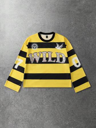 Prep Maglietta a maniche lunghe da uomo con stampa a righe e diamanti scintillanti