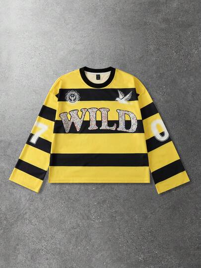 Prep Camiseta de manga larga con estampado de diamantes brillantes y rayas para hombre