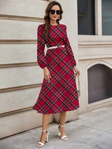 SHEIN Clasi Red Plaid Print Casual Dress, Suitable For Daily Wear And Christmas - Multicolor - View 6