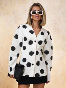 COSMINA 女士优雅大圆点深V领通勤衬衫，适合初秋办公室穿着 - 黑與白 - 查看 8