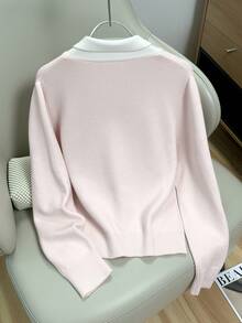 Franclia 时尚、优雅、复古、简约、百搭、保守的秋冬女士毛衣，适合外出、派对、节日、圣诞节、商务休闲、学院、聚会，长袖，领结领，粉色撞色，白色蝴蝶结 - 淺粉色 - 查看 2