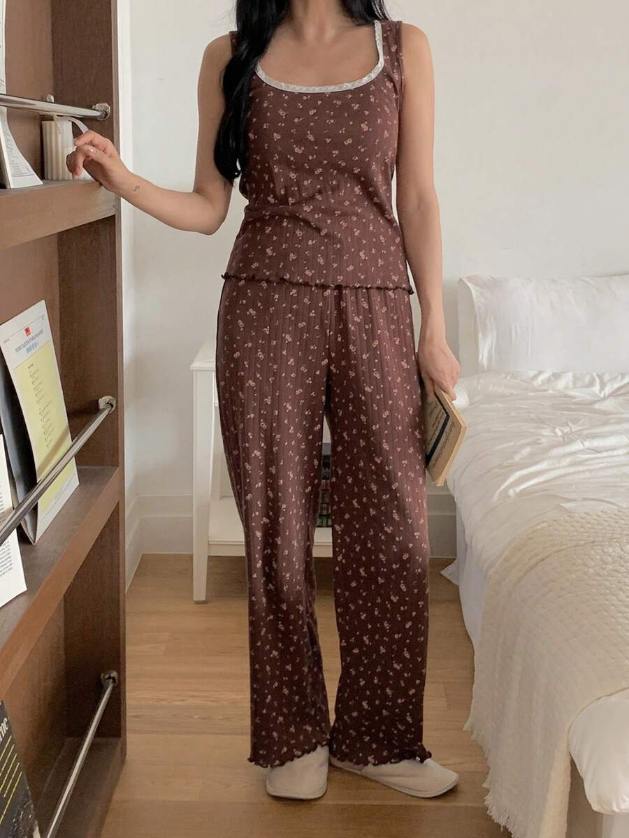 DAZY 2件套 Ditsy Floral 女士睡衣套装 - 咖啡棕 - 查看 1