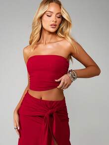 MISSGUIDED Bộ đồ hai mảnh áo crop top và chân váy maxi quấn cho nữ mặc dịp Giáng sinh với chi tiết xẻ cao dành cho các sự kiện tiệc tùng - Màu Đỏ Sâu - Xem 4