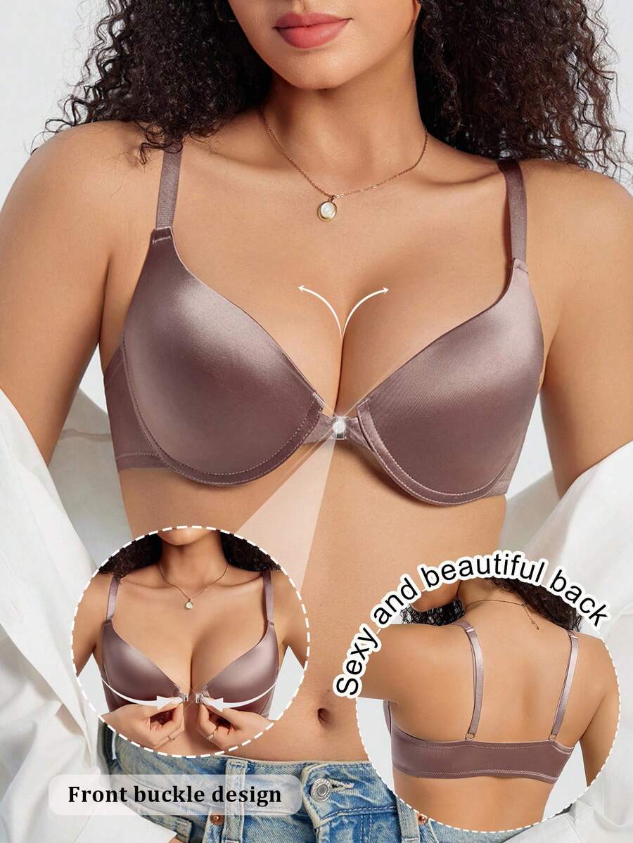 SHEIN 前开合亮面面料增强型胸罩 - 紫色 - 查看 1