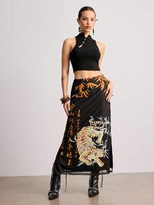 ROMWE Avant 中国风老虎竹叶书法印花开衩女裙