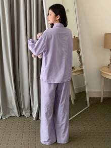 DAZY Conjunto de Pijama Feminino Listrado Solto e Minimalista, Roupas de Inverno - Roxo - Visão 2