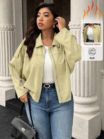 Easura เสื้อแจ็คเก็ตผ้าฟลีซลำลอง แขนยาว ทรงไหล่ตก สีพื้น ไซส์ใหญ่สำหรับผู้หญิง มีซิป เหมาะสำหรับฤดูใบไม้ร่วง/ฤดูหนาว