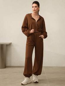 Modelyn 2件套女式休闲连帽拉链收腰长袖运动衫和慢跑裤套装 - 棕色 - 查看 9