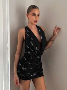 EgrlEra Women's Deep Draped Neck Sequin Mini Dress,Party Dress,Sexy Dress,Sparkly Dress - Black - View 3