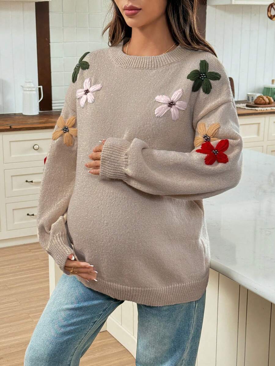 SHEIN Maternity Colorful Floral Pattern Round Neck Long Sleeve Sweater - Camel - View 1