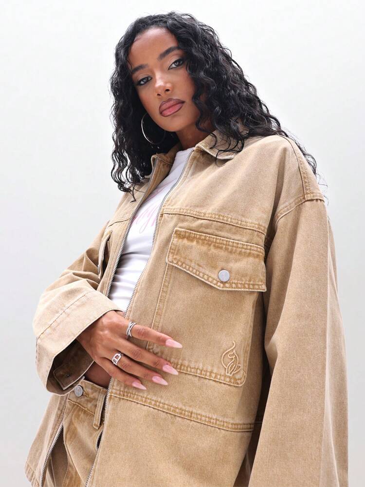 BABYPHAT レディース オーバーサイズデニムシャツジャケット - カジュアルジップアップユーティリティアウターウェア ポケット付き 秋冬