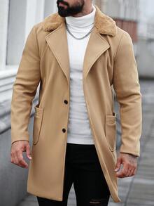 Manfinity CasualCool Men's Solid Color Single Breasted Casual Long Sleeve Overcoat, Fall/Winter, Fall, Winter Fleece Warm Thermal Lined Overcoat - Khaki - View 3