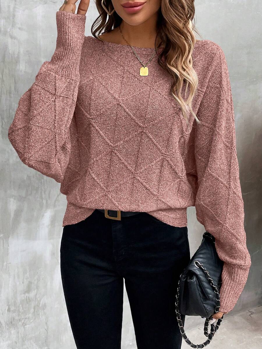 Louniche 女士休闲日常通勤简约百搭纯色纹理针织宽松毛衣，秋冬 - 紅木色 - 查看 1