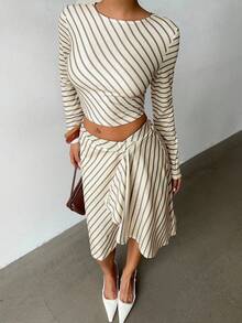 Aloruh Ensemble femme nouvelle arrivée automne/hiver, top à manches longues et jupe mi-longue rayée style rétro décontracté Y2K - Multicolore - Voir 6